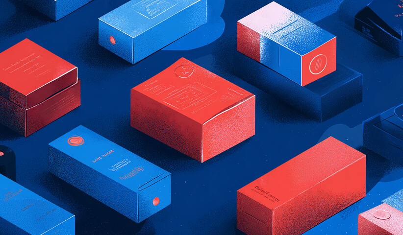 Assorted rectangular product boxes in red and blue tones viewed from above, showcasing structured packaging design and material finishes.
