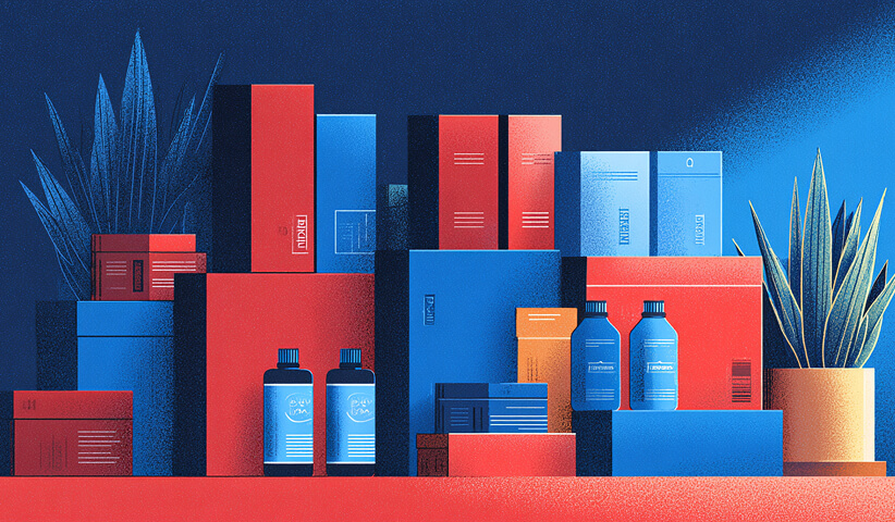 Layered display of boxed products and bottles framed by plants, representing retail-ready packaging and visual merchandising.