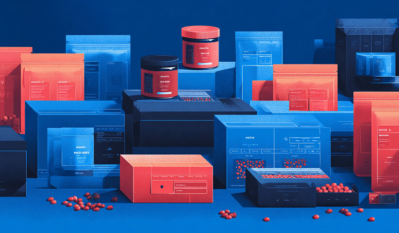 Variety of stand-up pouches, rigid boxes, and jars with small capsules scattered in front, symbolizing product line expansion and packaging versatility.