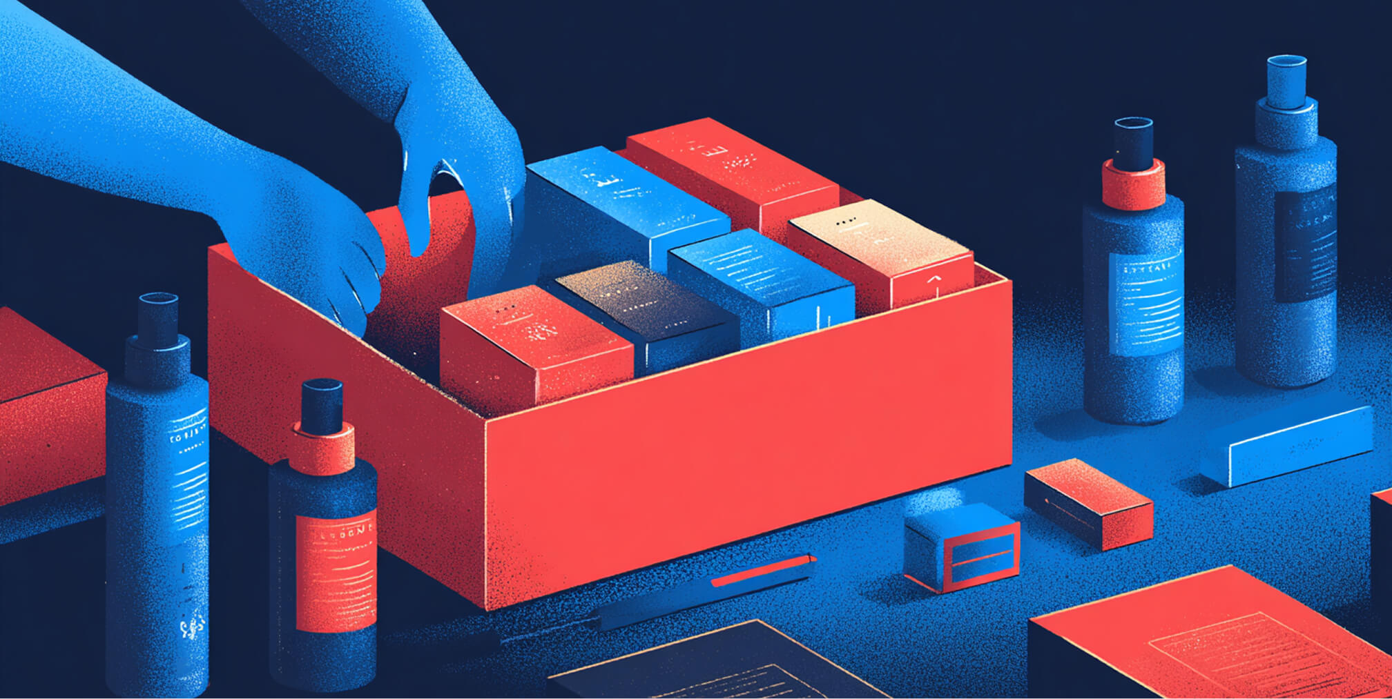 Hands packing branded product boxes into a larger shipping carton, representing eCommerce fulfillment and unboxing experience design.