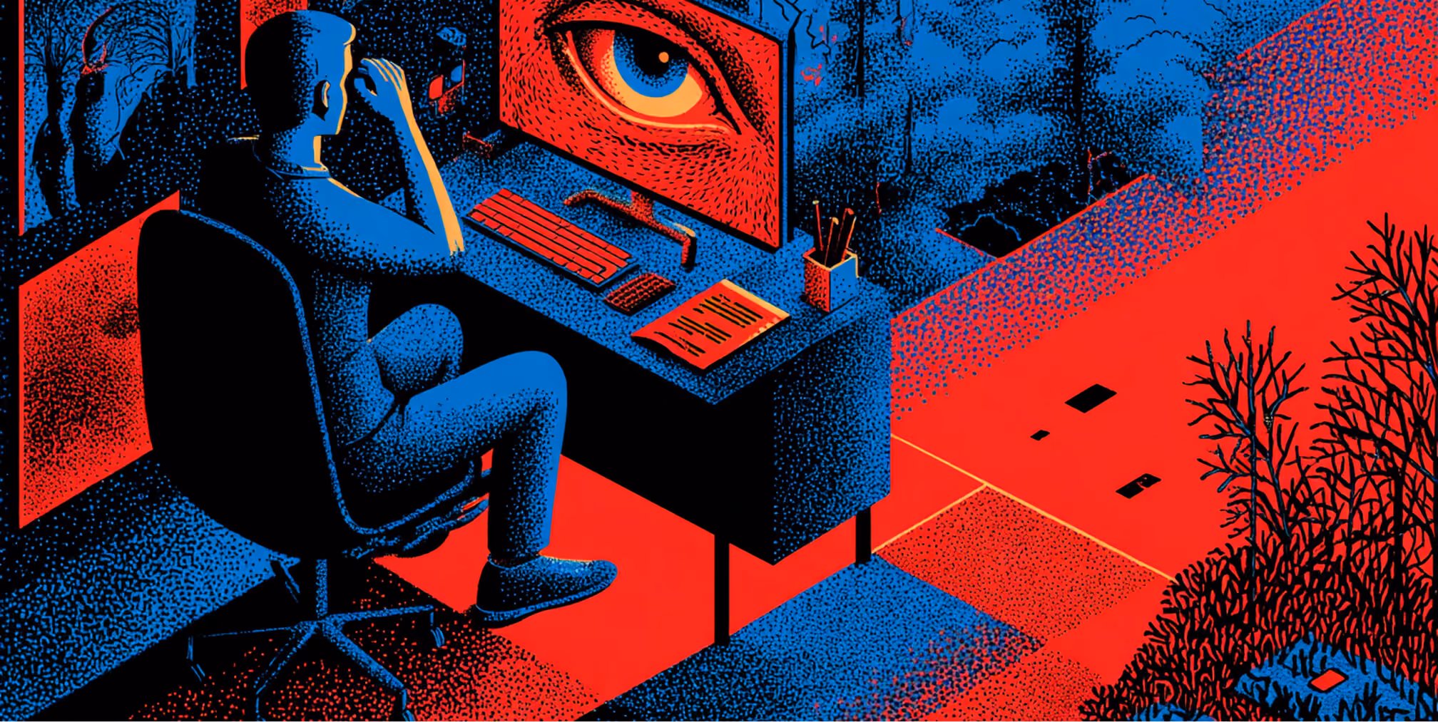 Person seated at a desk facing a large monitor displaying a close-up digital eye, symbolizing AI oversight and content intelligence.