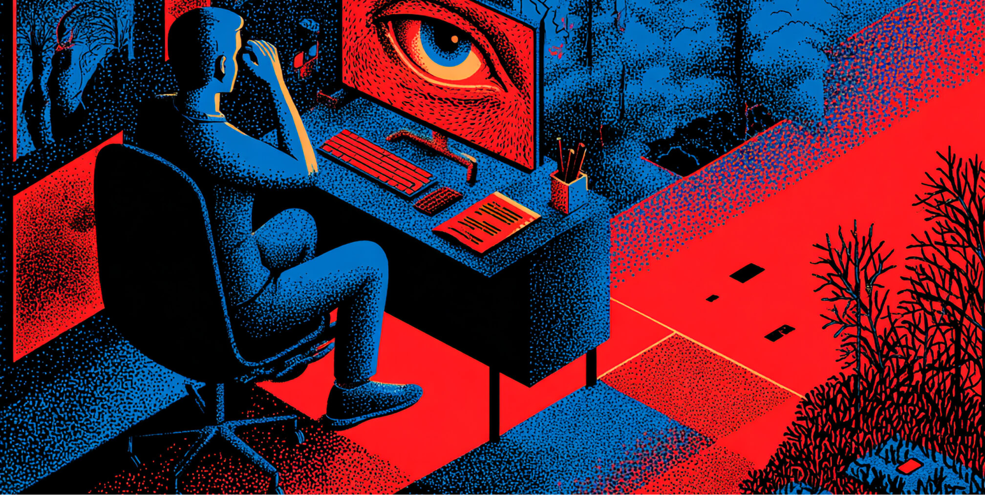 Person seated at a desk facing a large monitor displaying a close-up digital eye, symbolizing AI oversight and content intelligence.