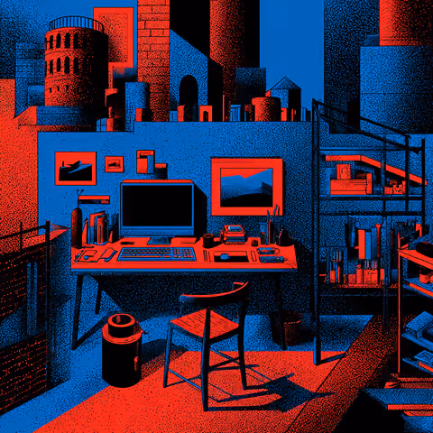 Creative workspace with computer, books, and cityscape models, representing strategic planning and content development.