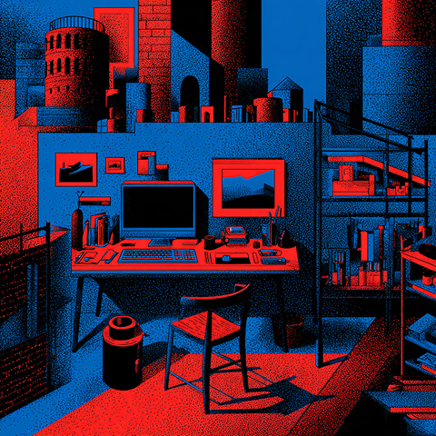Creative workspace with computer, books, and cityscape models, representing strategic planning and content development.