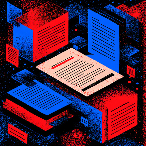 Stacked digital document panels and highlighted text blocks, representing structured content systems and editorial frameworks.