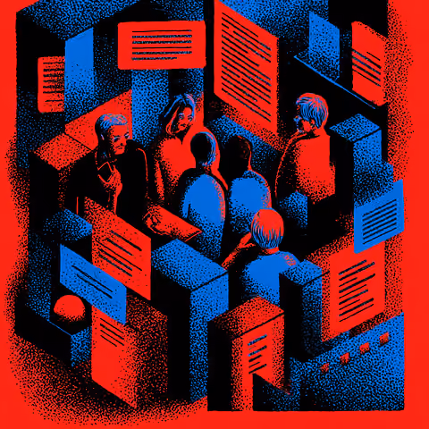 Group of people seated in a circular arrangement surrounded by floating document panels, symbolizing collaborative content strategy and AI-driven workflows.