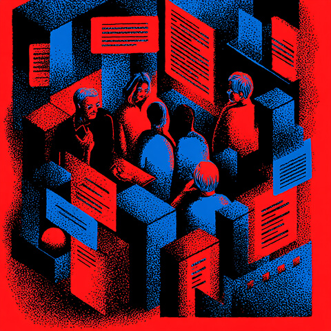 Group of people seated in a circular arrangement surrounded by floating document panels, symbolizing collaborative content strategy and AI-driven workflows.