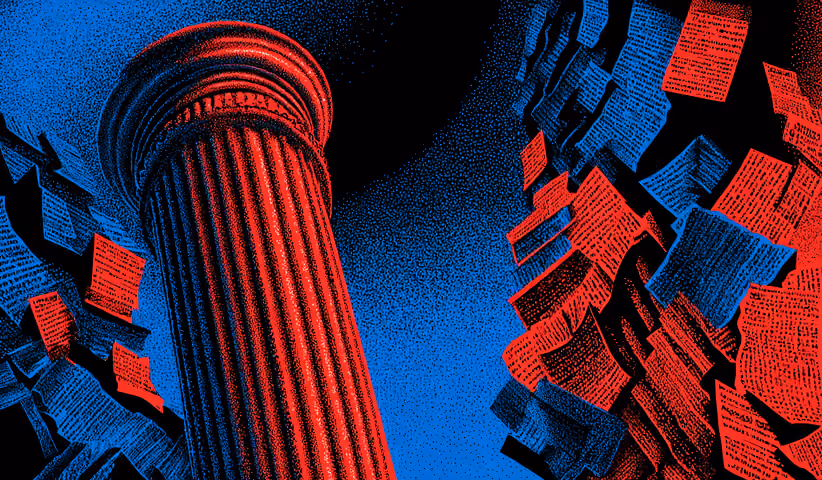 Classical pillar surrounded by scattered documents, symbolizing authority, governance, and content policy foundations.