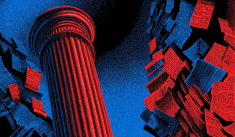 Classical pillar surrounded by scattered documents, symbolizing authority, governance, and content policy foundations.