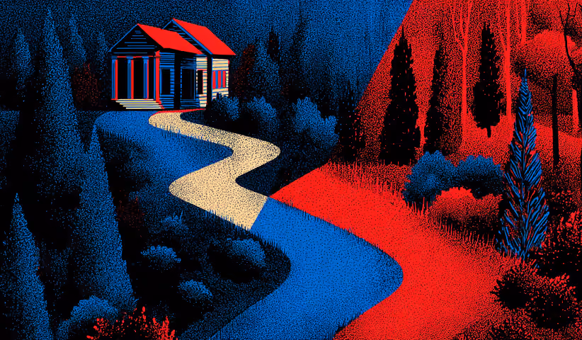 Small building at the end of a winding path split between contrasting landscapes, representing strategic decision-making and direction.