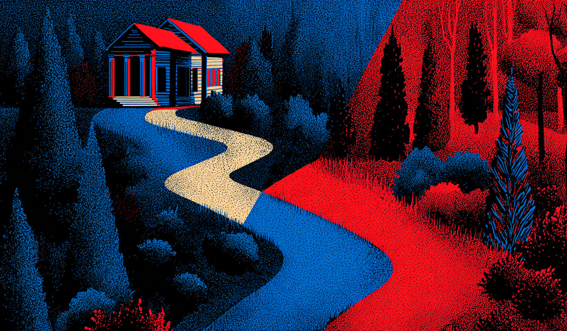 Small building at the end of a winding path split between contrasting landscapes, representing strategic decision-making and direction.
