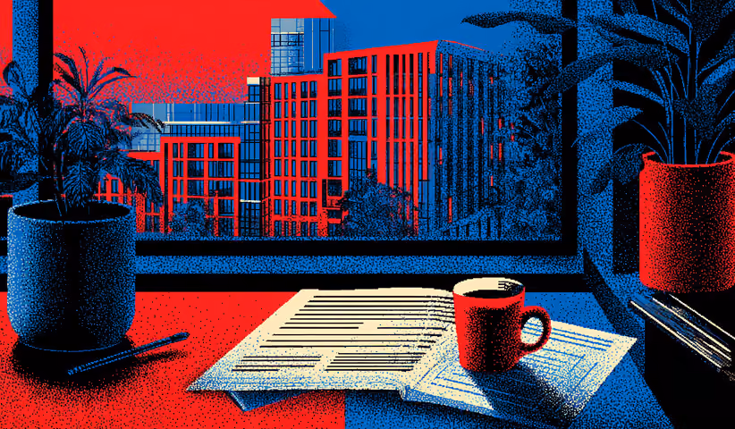 Desk with documents and coffee overlooking modern office buildings, symbolizing executive-level planning and content oversight.