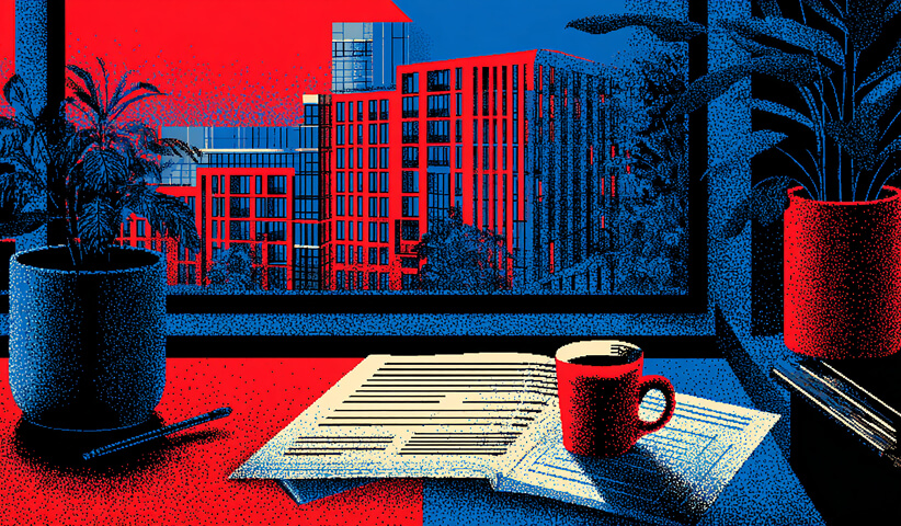 Desk with documents and coffee overlooking modern office buildings, symbolizing executive-level planning and content oversight.