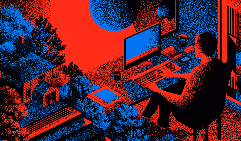 Professional working at a computer in a stylized environment with a house and trees, representing remote strategy and digital ecosystems.