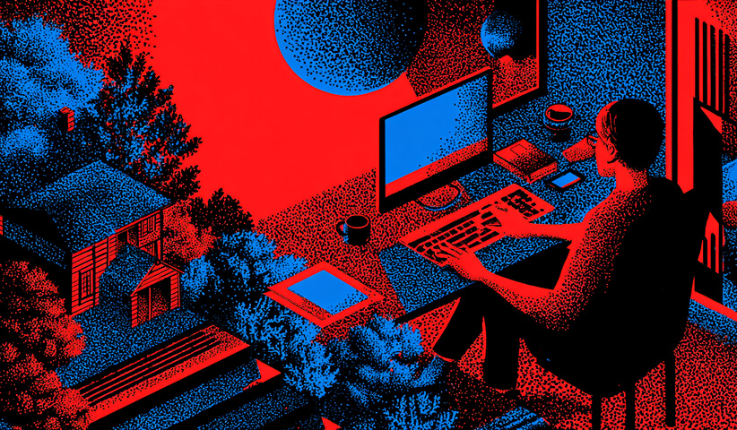 Professional working at a computer in a stylized environment with a house and trees, representing remote strategy and digital ecosystems.