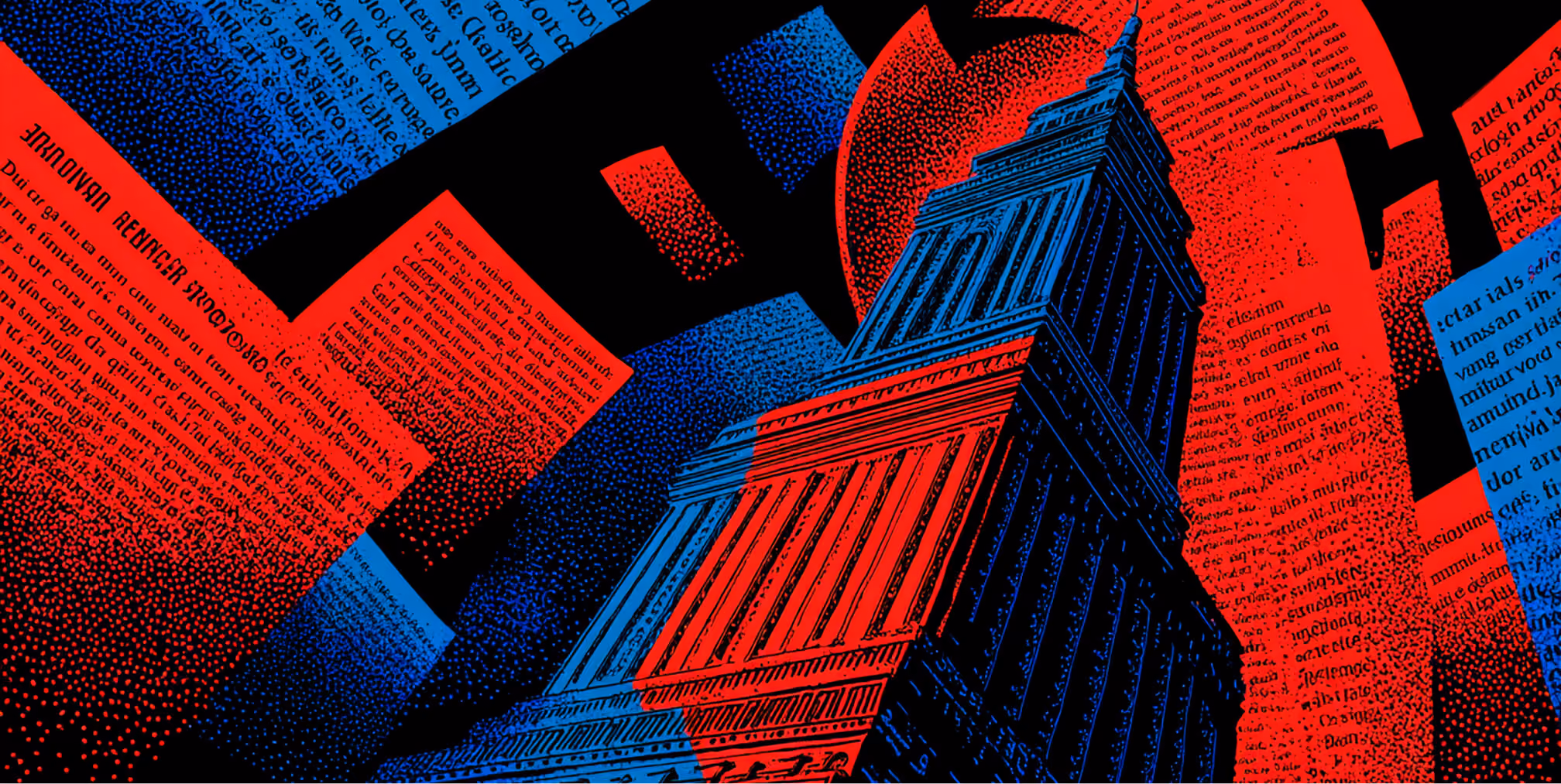 Government-style building framed by layered documents and headlines, representing compliance, regulation, and ethical AI content governance.