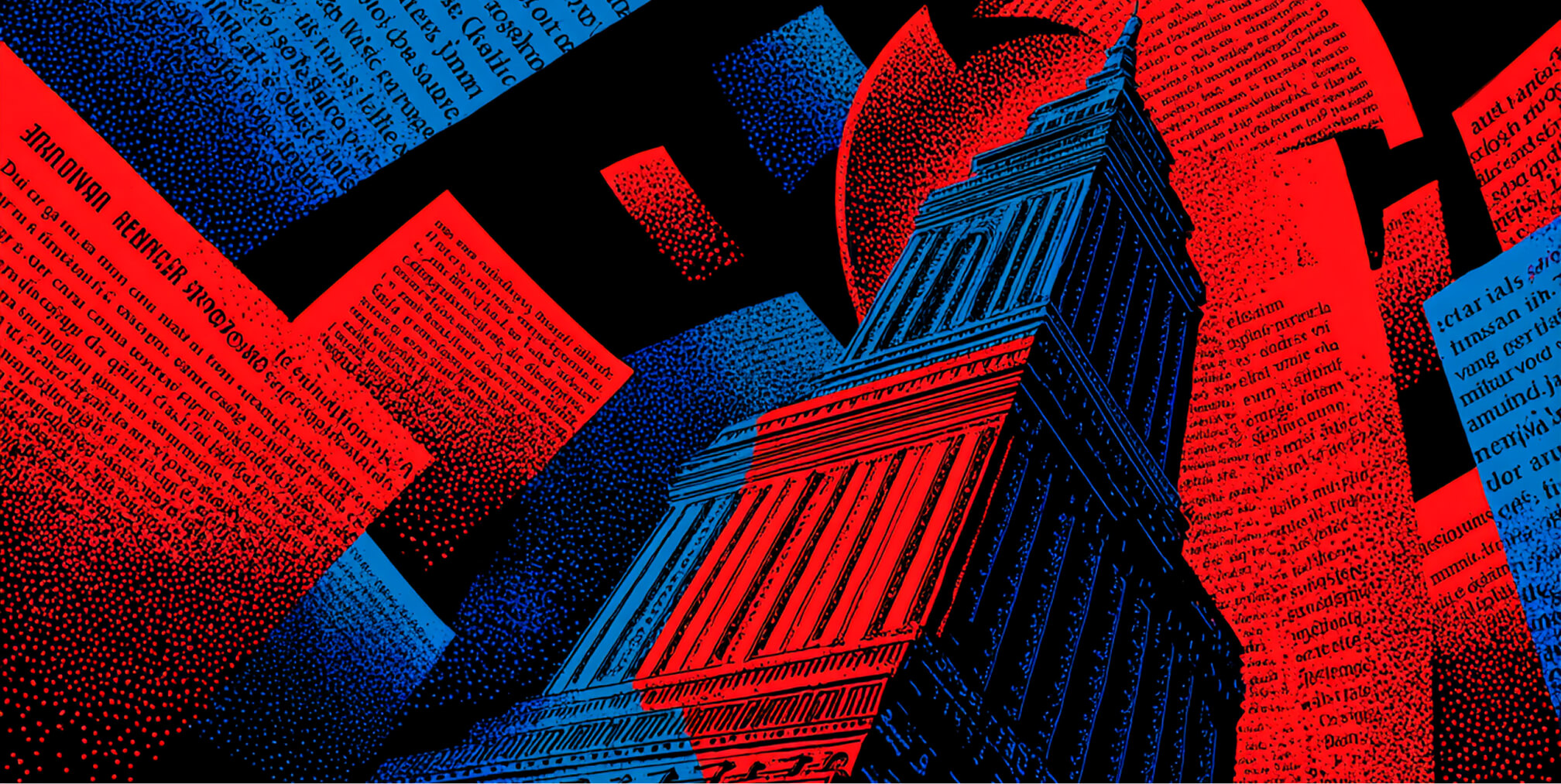 Government-style building framed by layered documents and headlines, representing compliance, regulation, and ethical AI content governance.