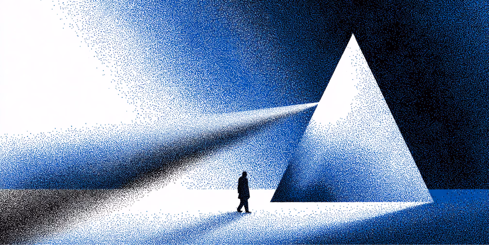 Silhouetted figure walking toward a large illuminated pyramid in a minimal landscape, symbolizing breakthrough innovation and forward-thinking AI creativity.