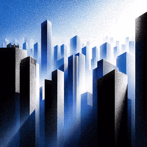 Abstract cityscape of tall geometric buildings fading into light, symbolizing scalable digital infrastructure and future-ready creative ecosystems.