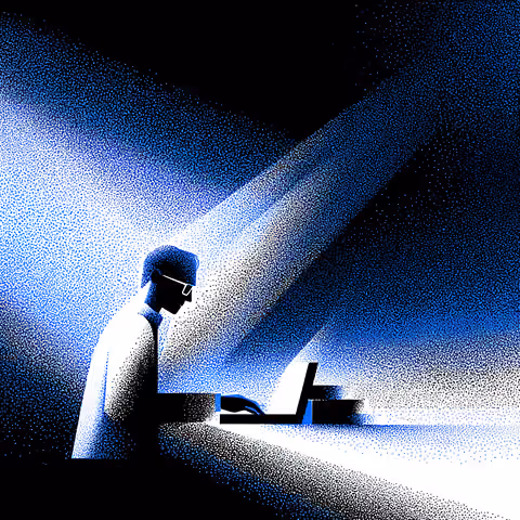 Person working on a laptop under a focused beam of light, representing human creativity enhanced by AI precision.
