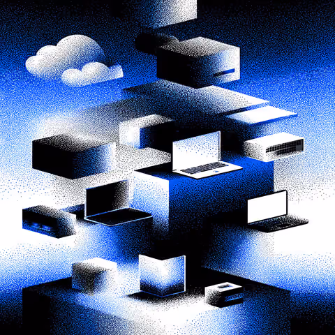 Floating cloud and multiple digital devices suspended in space, representing interconnected AI-powered creative tools and platforms.