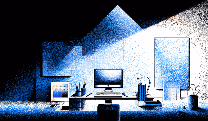 Modern desk setup with computer, books, and framed artwork under dramatic lighting, symbolizing structured creative workflows powered by AI.