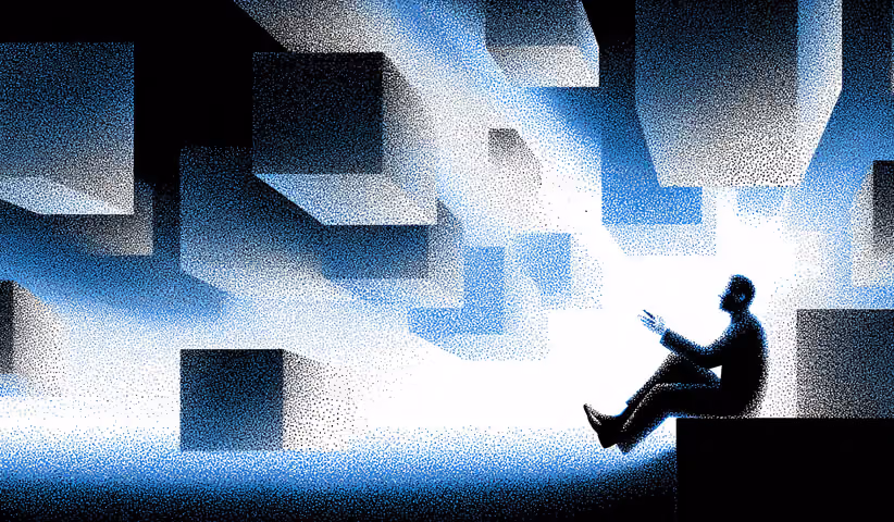 Silhouetted person seated among floating geometric blocks, representing idea generation and modular AI-assisted design systems.
