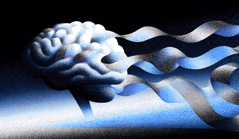 Abstract brain form with flowing ribbon-like shapes, symbolizing artificial intelligence augmenting human imagination.
