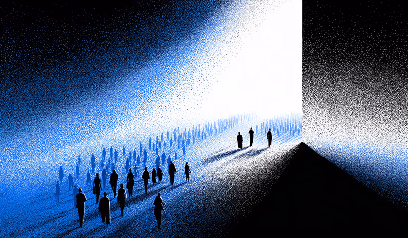 Large crowd of silhouettes moving toward a bright opening, representing market adoption and the scaling impact of AI creative services.