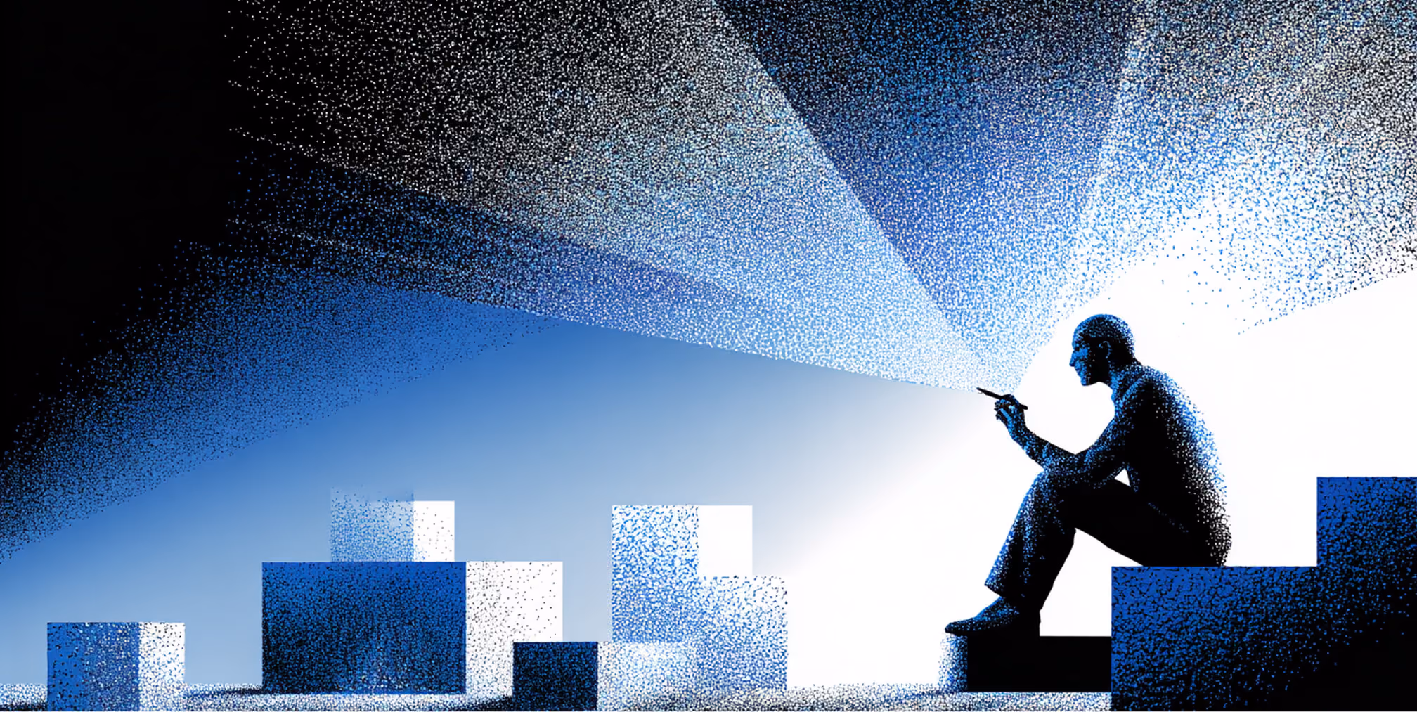 Silhouetted figure sitting thoughtfully among geometric blocks beneath a beam of light, representing strategic decision-making in AI-powered creative processes.