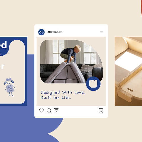 Social media mockup for “littletandem” showing a child playing on a modular couch with the caption “Designed with Love. Built for Life.”