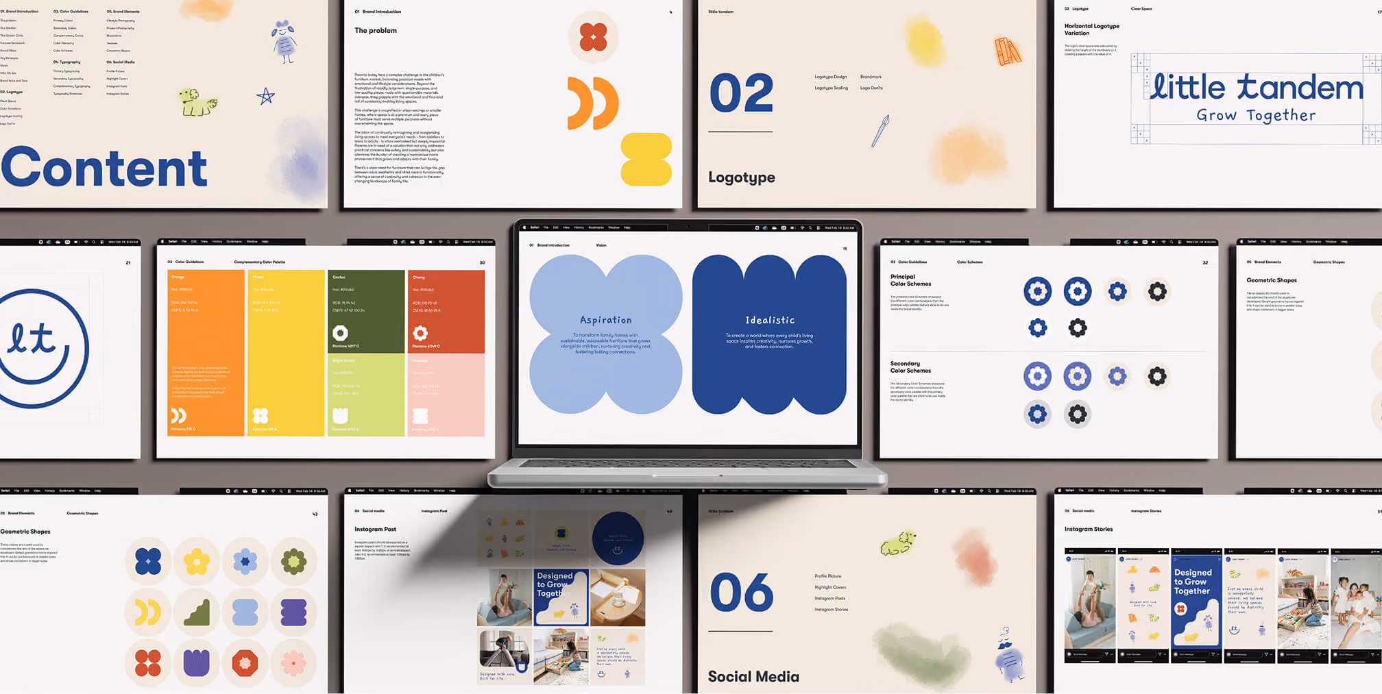Collage of Little Tandem brand guideline pages displayed on screens, featuring logo usage, color palettes, typography, and social media layouts.