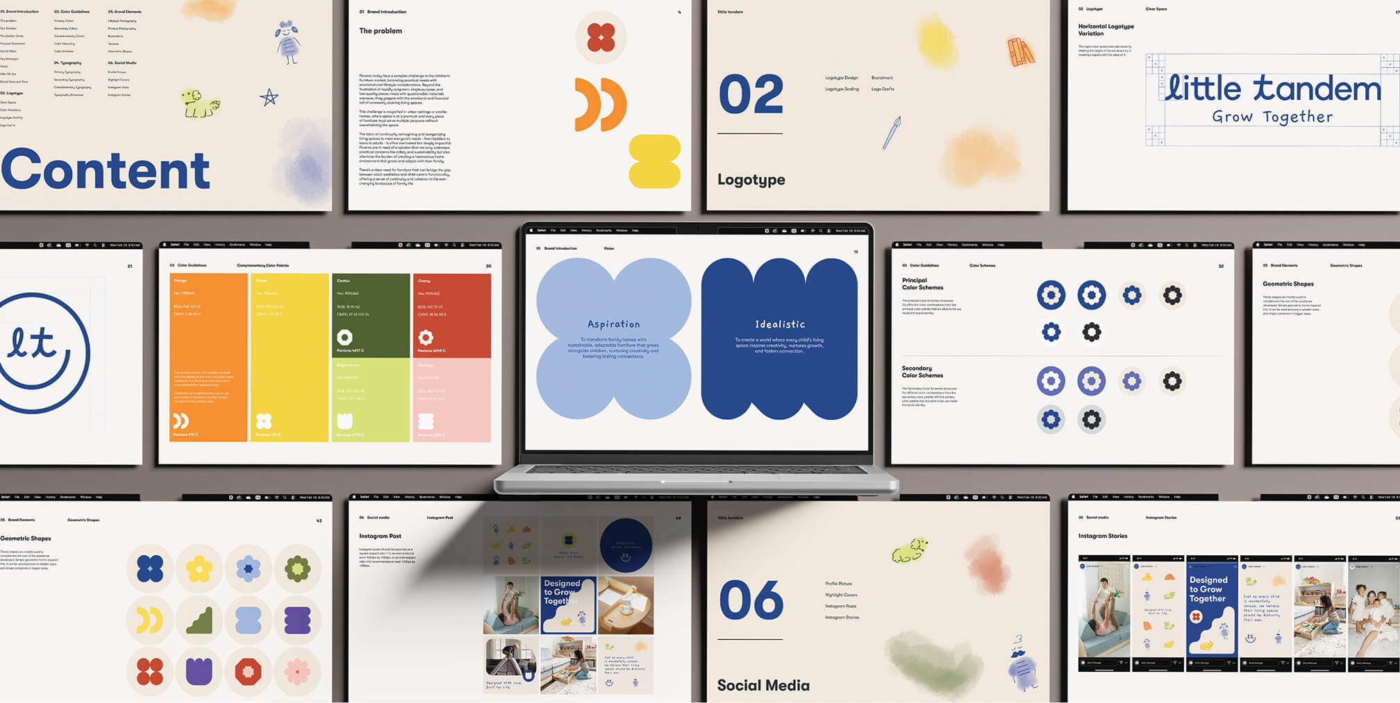 Collage of Little Tandem brand guideline pages displayed on screens, featuring logo usage, color palettes, typography, and social media layouts.