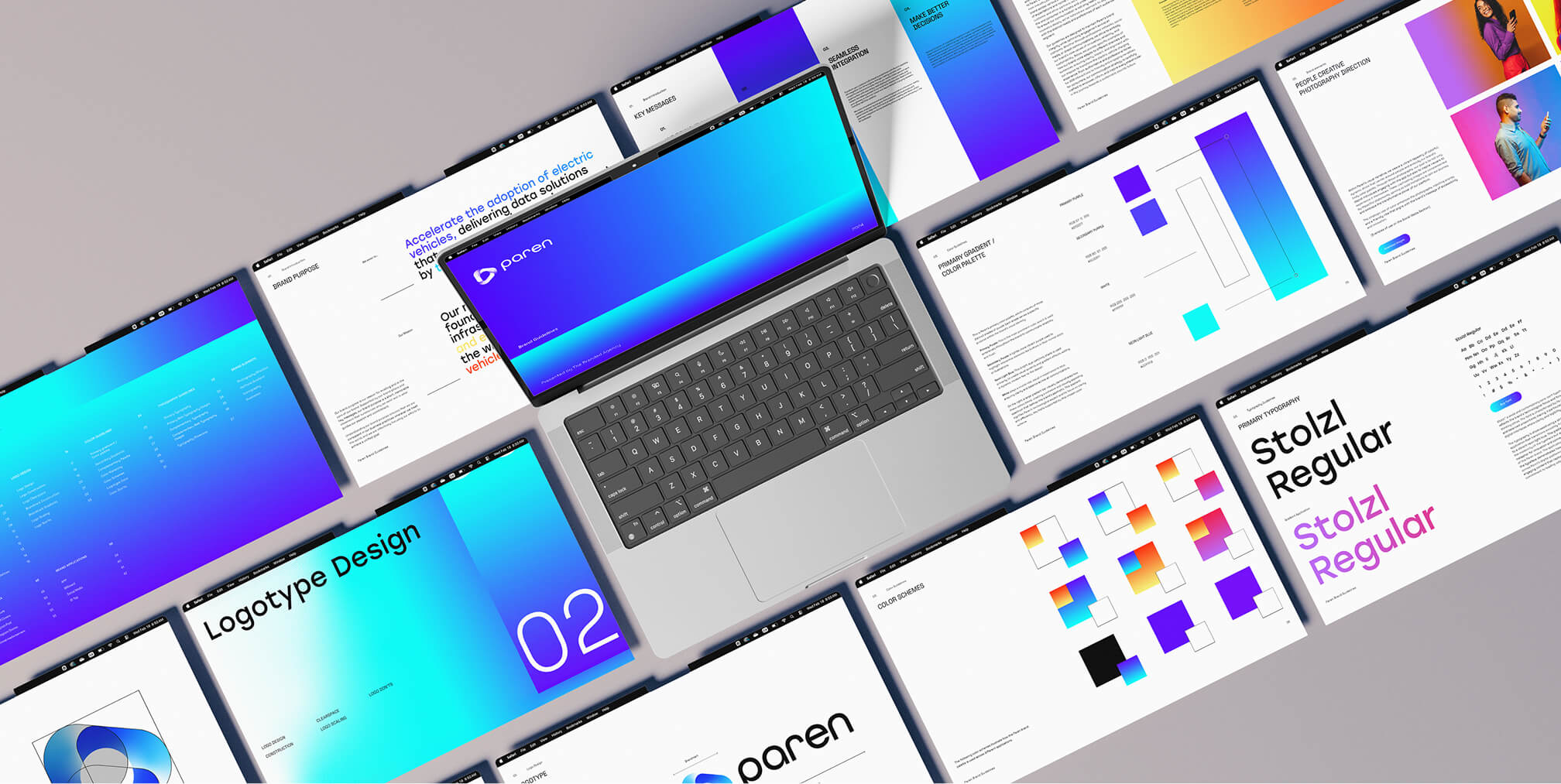 Laptop surrounded by Paren brand guideline spreads showcasing gradient color systems, typography, and logo applications.