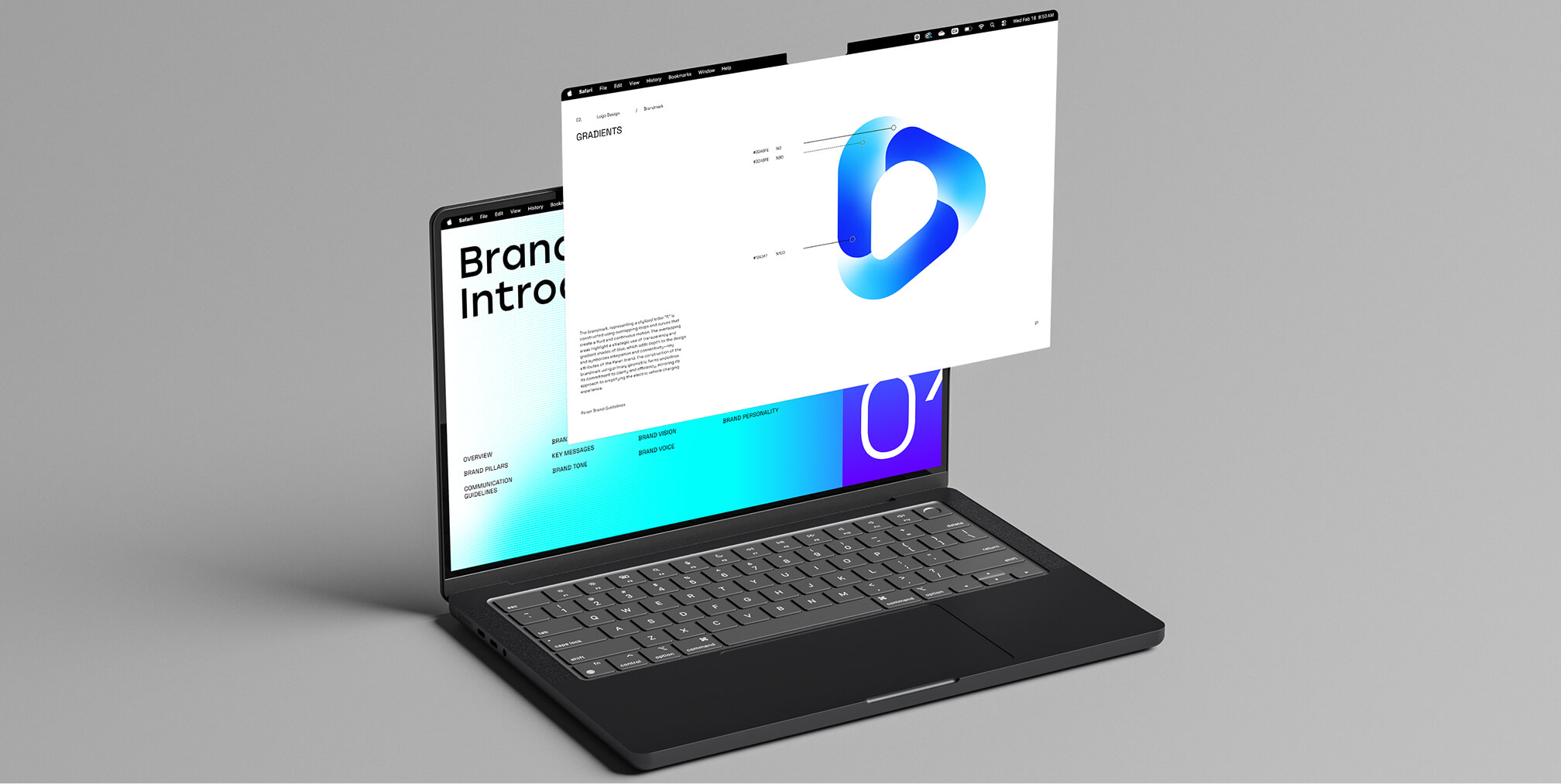 Laptop mockup displaying Paren brand guidelines with a gradient logo construction page floating above the screen.