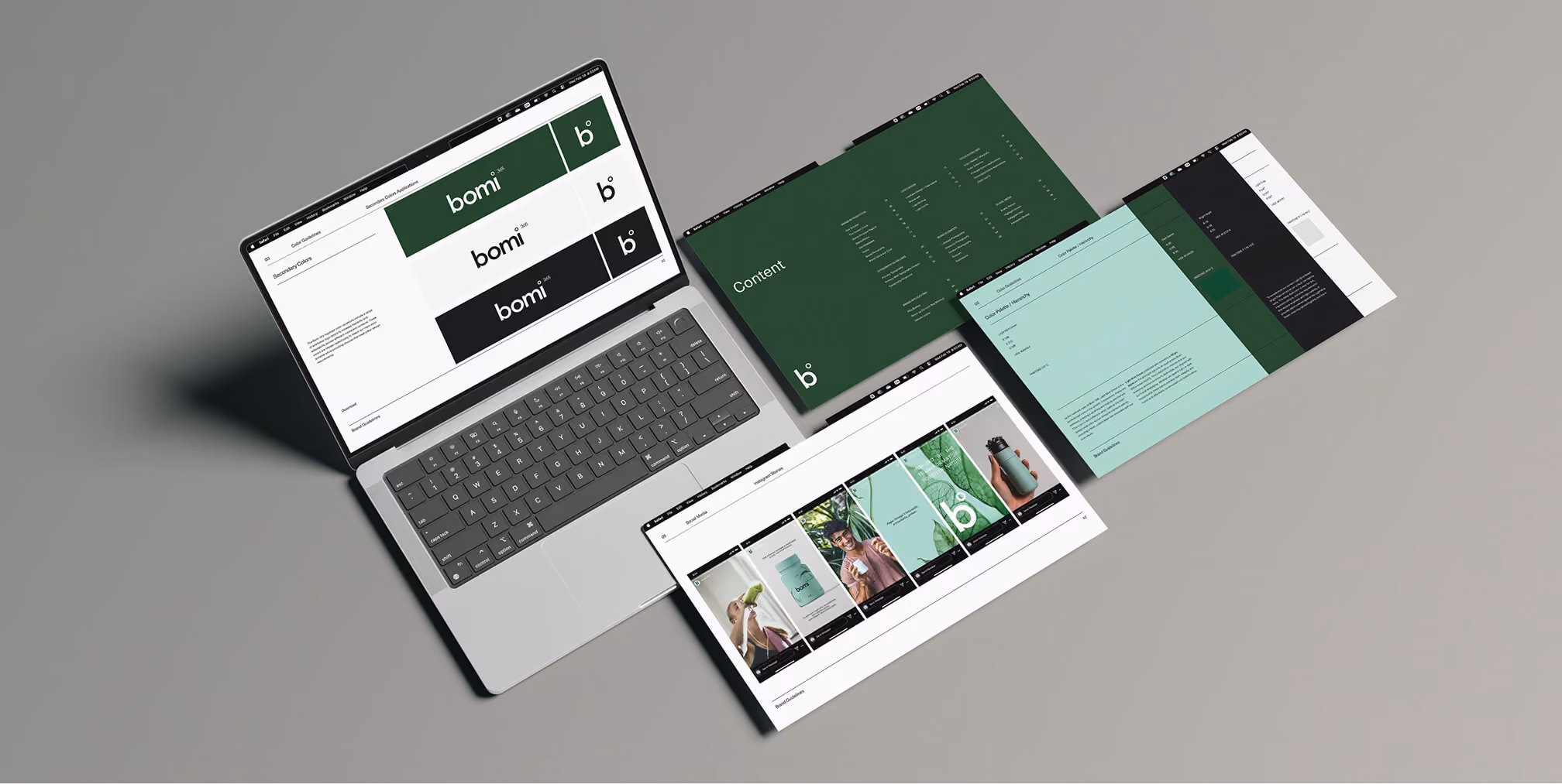 Bomi brand guideline presentation shown across laptop and print layouts with green color palette, logo variations, and social media previews.