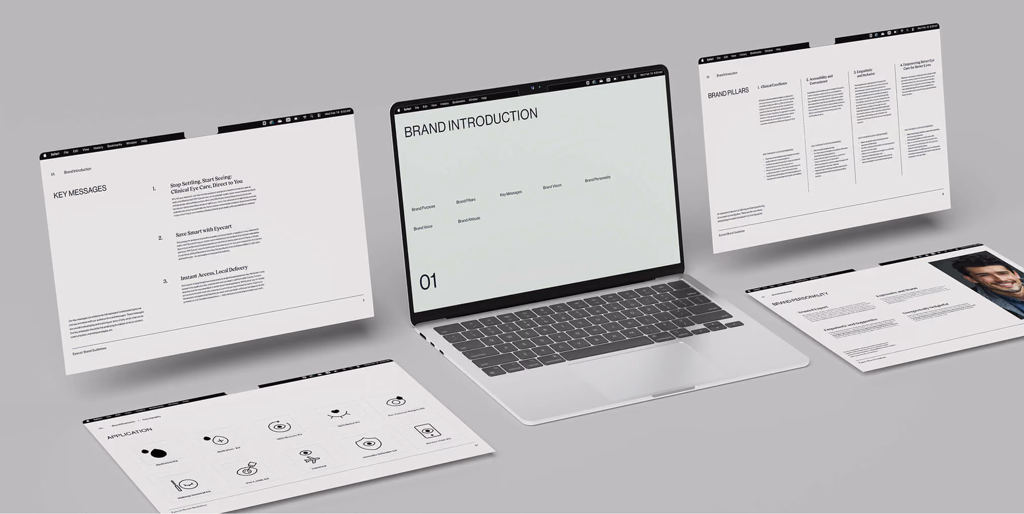 Minimal Eyecart brand guideline spreads displayed around a laptop, highlighting brand introduction, pillars, and application icons.