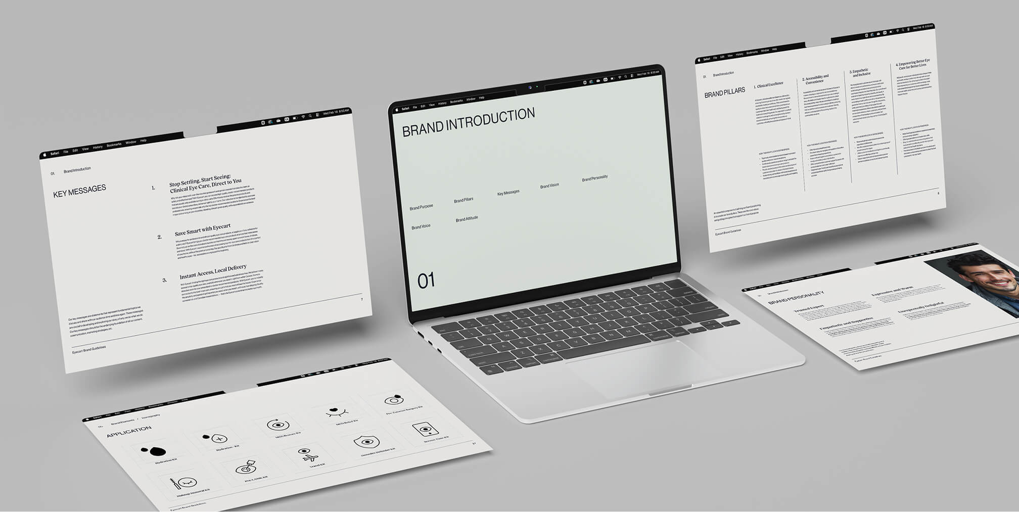 Minimal Eyecart brand guideline spreads displayed around a laptop, highlighting brand introduction, pillars, and application icons.
