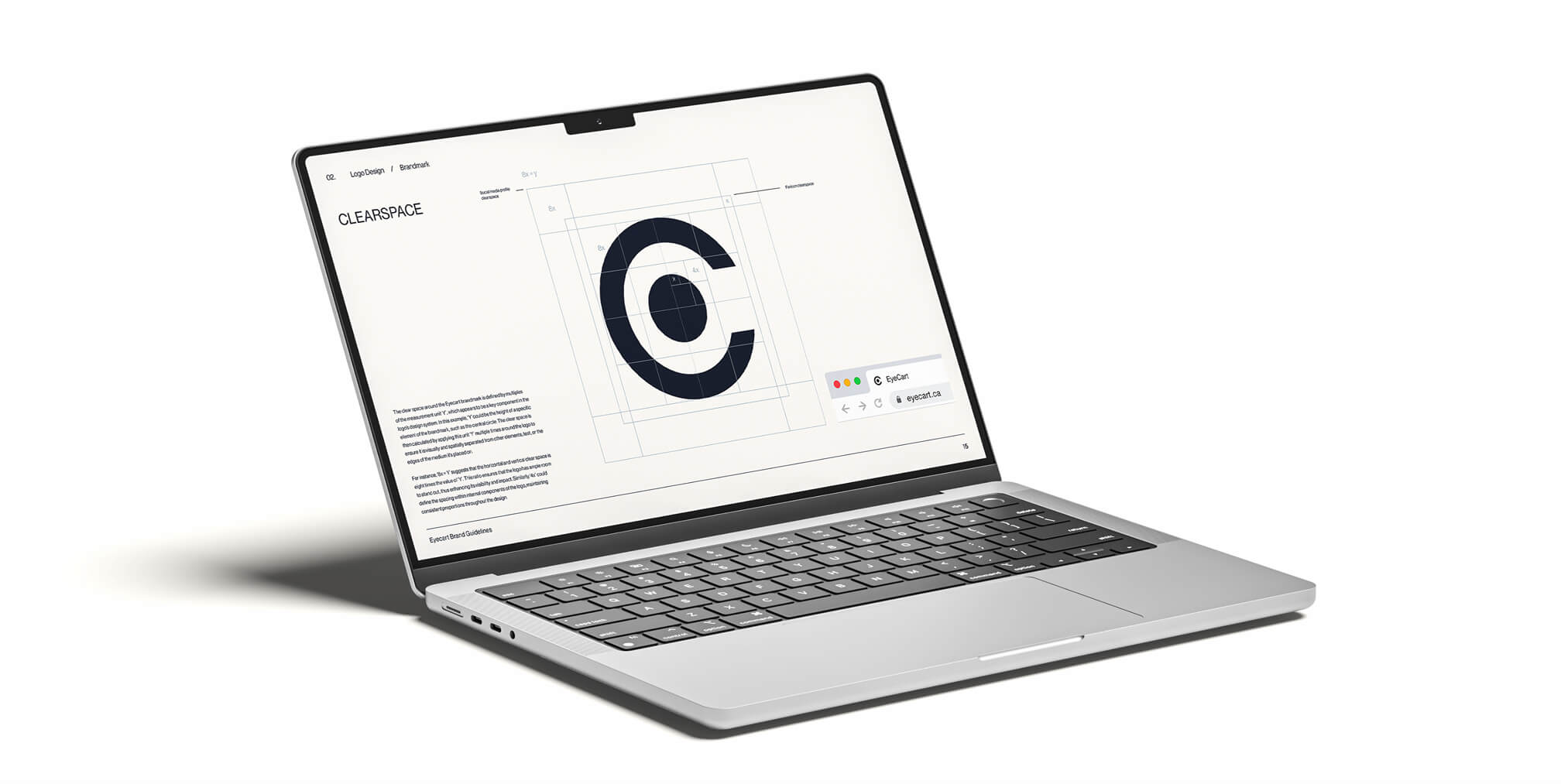 Laptop screen showing Eyecart logo clearspace guidelines with grid measurements and construction details.