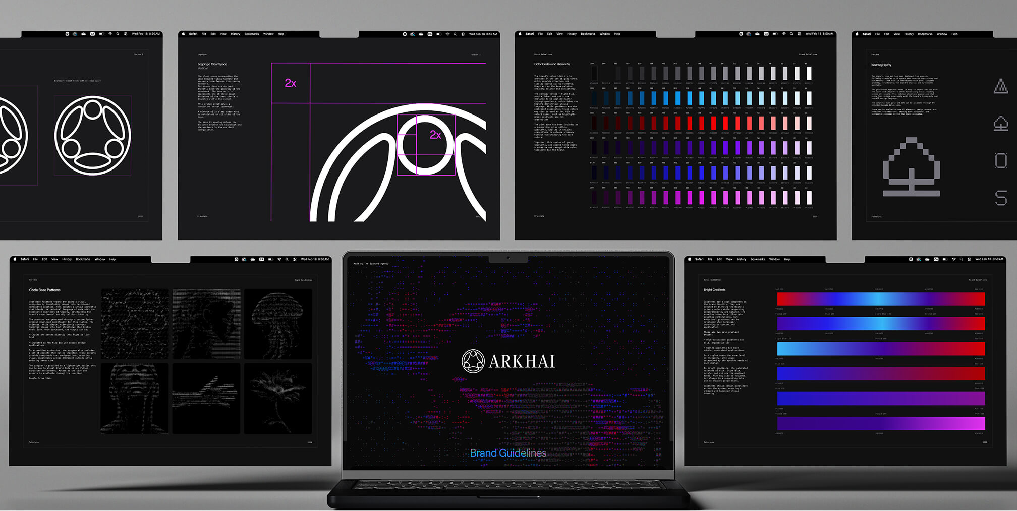 Dark-themed ARKHAI brand guidelines displayed across multiple screens with logo geometry, color scales, and bright gradient systems.
