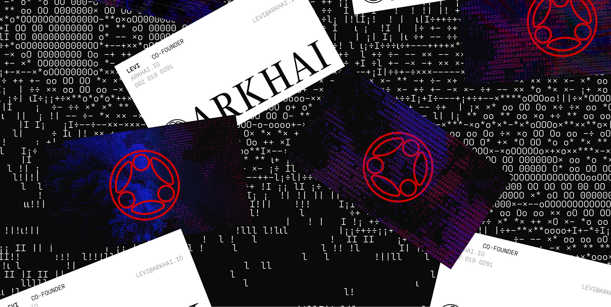 ARKHAI brand collage featuring glitch-inspired visuals, red circular logo marks, and layered business cards over a black code-pattern background.