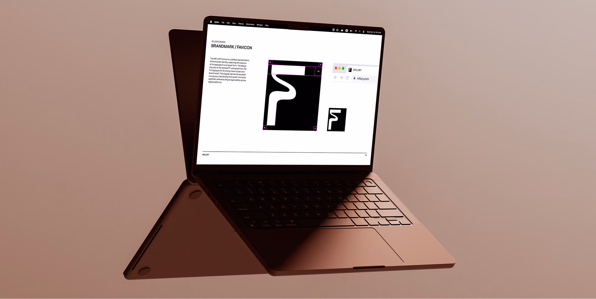 Influry brand guideline page displayed on a laptop, highlighting brandmark and favicon construction with grid alignment.