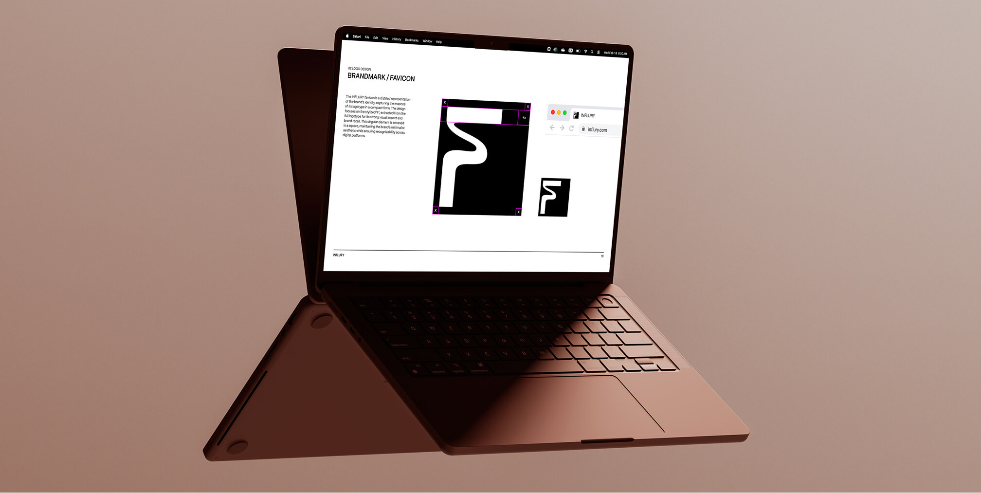 Influry brand guideline page displayed on a laptop, highlighting brandmark and favicon construction with grid alignment.