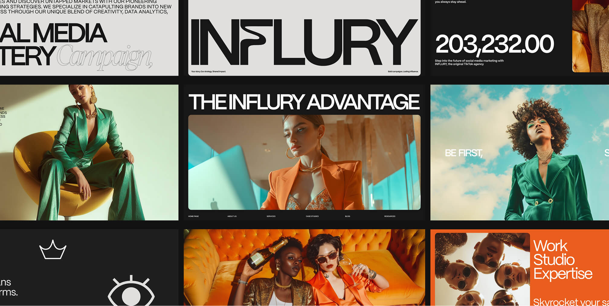 Influry website and campaign layout mockups featuring bold typography, fashion-forward imagery, and editorial-style branding.