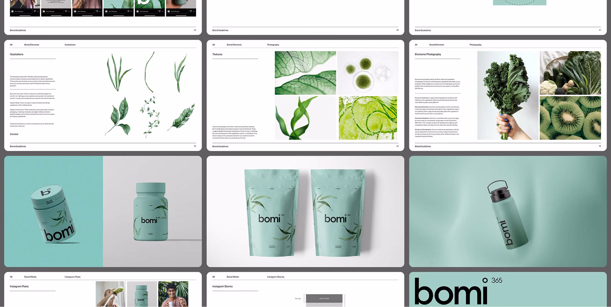 Bomi brand guideline spreads showcasing botanical illustrations, texture photography, and product packaging mockups in soft green tones.