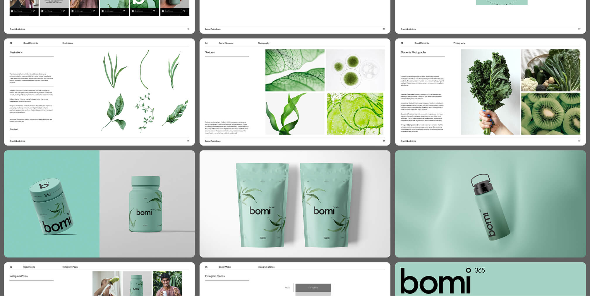 Bomi brand guideline spreads showcasing botanical illustrations, texture photography, and product packaging mockups in soft green tones.