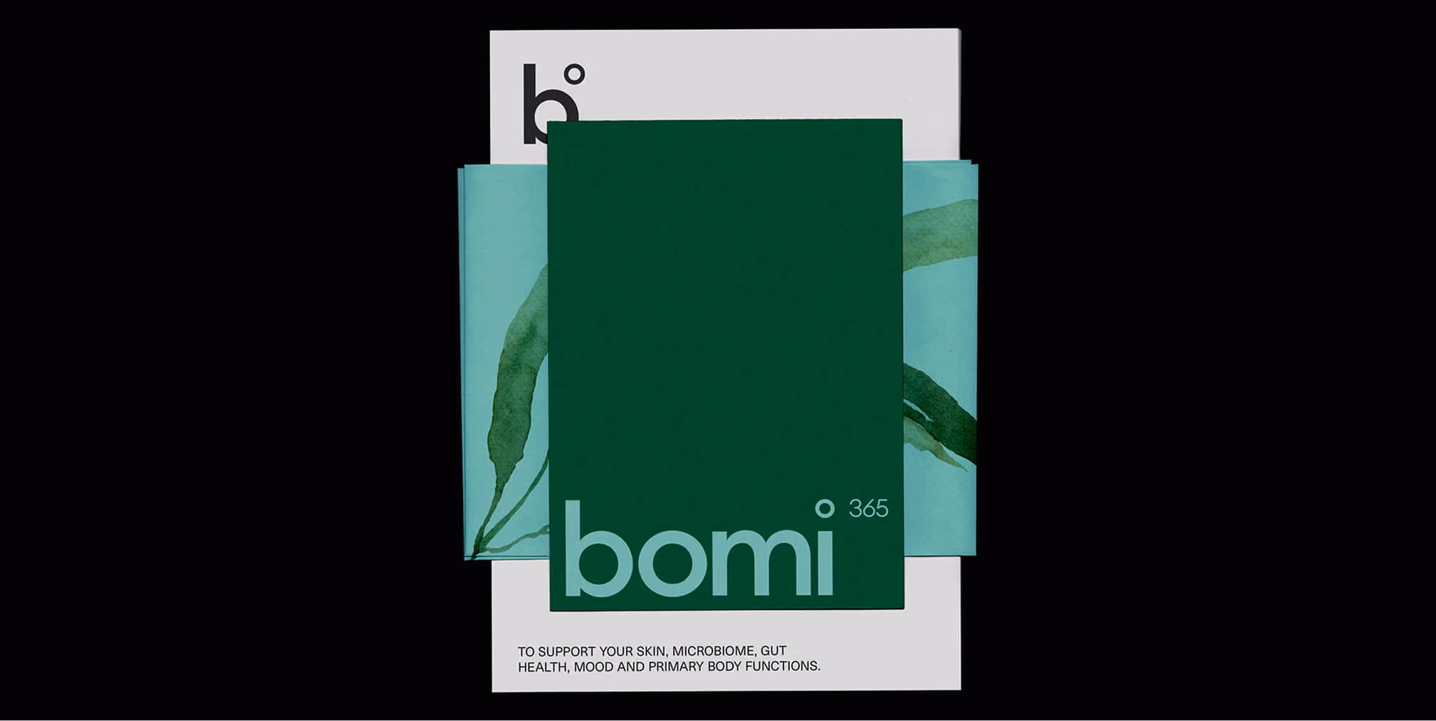 Bomi brand poster with layered green panels and logo, including wellness-focused tagline about skin, microbiome, and gut health.