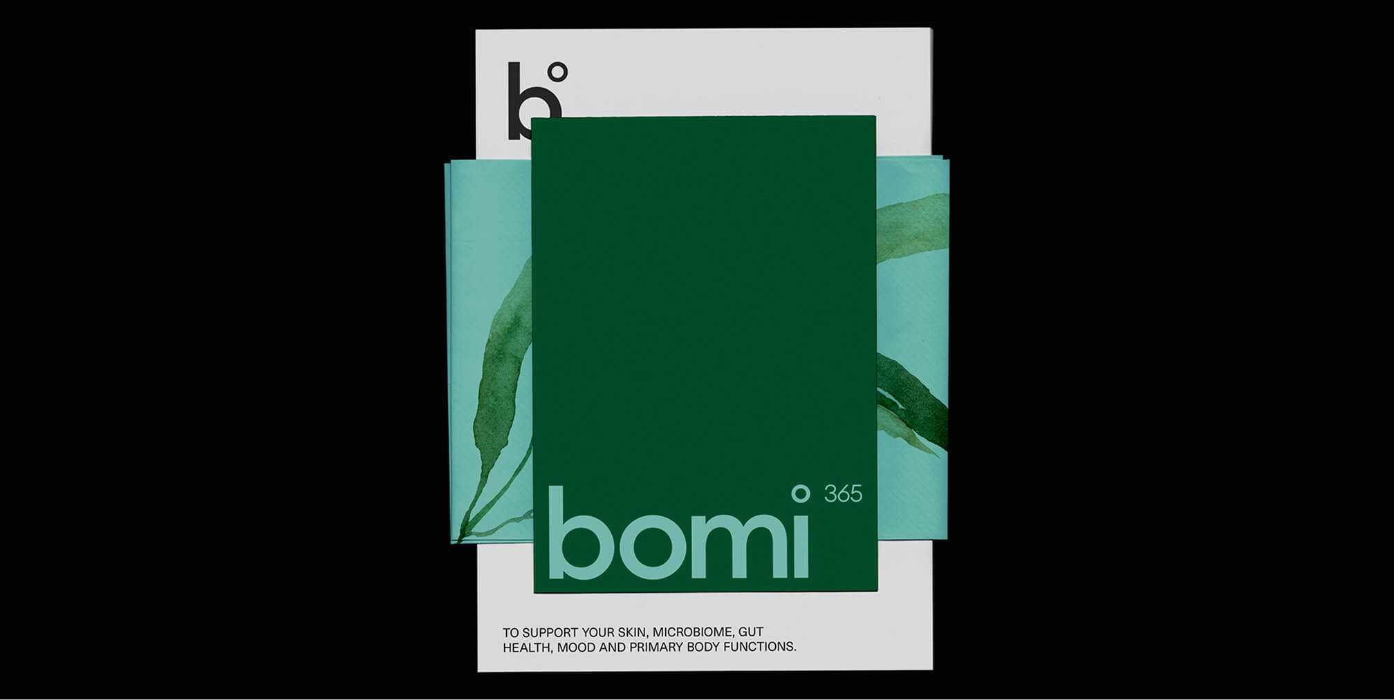 Bomi brand poster with layered green panels and logo, including wellness-focused tagline about skin, microbiome, and gut health.