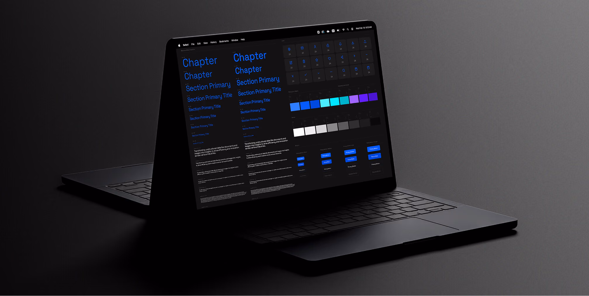 Dark-mode brand guideline interface displayed on a laptop, featuring typography hierarchy, icon sets, and structured color palettes.