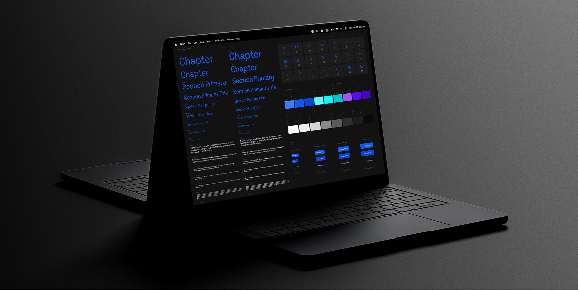 Dark-mode brand guideline interface displayed on a laptop, featuring typography hierarchy, icon sets, and structured color palettes.
